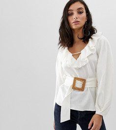 Льняная блузка с длинными рукавами, V-образным вырезом, оборками и поясом ASOS DESIGN - Белый