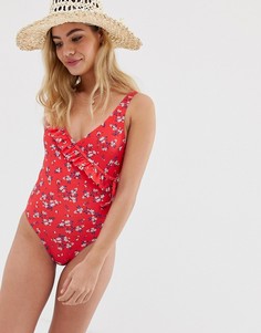 Красный слитный купальник с запахом и цветочным принтом New Look - Красный