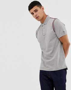 Поло из пике серого меланжевого цвета приталенного кроя с культовой лентой Tommy Hilfiger - Серый