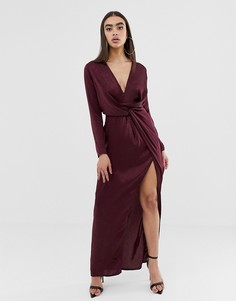 Бордовое атласное платье макси с разрезом Missguided - Красный