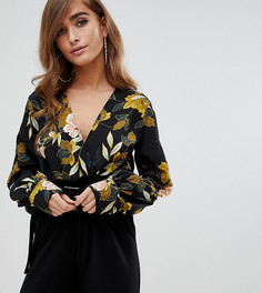 Черное боди с глубоким вырезом, запахом и цветочным принтом Boohoo Petite - Мульти