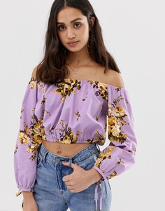 Топ из ткани с добавлением льна с цветочным принтом, длинными рукавами и открытыми плечами ASOS DESIGN - Мульти