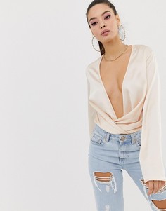 Атласное боди с глубоким вырезом Missguided - Розовый