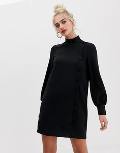 Черное свободное платье с высоким воротом и пуговицами сбоку River Island - Черный