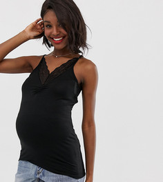 Трикотажный топ на бретельках для беременных с кружевной отделкой Mamalicious - Черный Mama.Licious