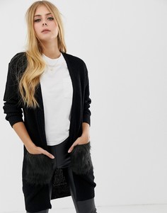 Черное пальто-кардиган с карманами из искусственного меха Brave Soul - Черный