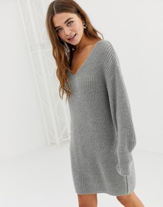 Платье мини с V-образным вырезом и объемными рукавами ASOS DESIGN - Серый