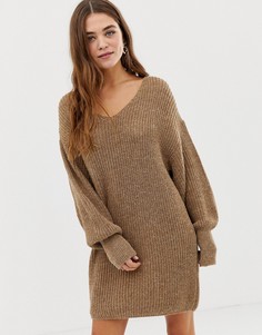Платье мини с V-образным вырезом и объемными рукавами ASOS DESIGN - Светло-бежевый