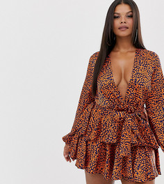 Короткое приталенное платье с леопардовым принтом и глубоким вырезом John Zack Plus - Мульти