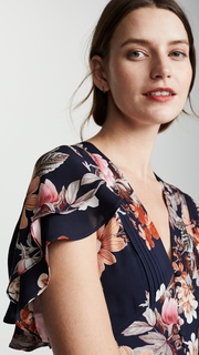 Nicholas Navy Rust Floral Layered Pintuck Dress