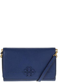 Кожаный клатч синего цвета с откидным клапаном Tory Burch