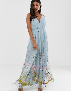 Платье макси из тюля с цветочной вышивкой и перекрещенными бретелями ASOS DESIGN - Синий