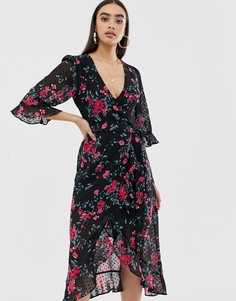 Платье миди с глубоким вырезом и цветочным принтом Fashion Union - Черный