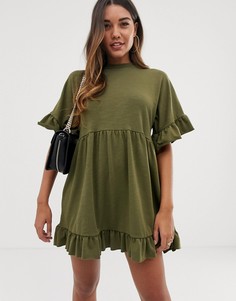 Свободное трикотажное платье мини с оборками на рукавах ASOS DESIGN - Зеленый