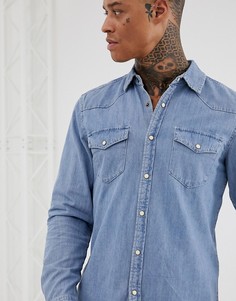 Светло-синяя джинсовая рубашка в стиле вестерн Pull&Bear - Синий
