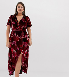 Бархатное платье макси с кисточками на поясе и цветочным принтом ASOS DESIGN Curve - Мульти