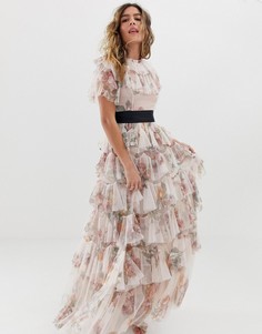 Платье макси с цветочным принтом и контрастной талией Needle & Thread - Розовый