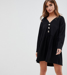 ASOS DESIGN Petite faux horn button v neck mini smock dress - Черный