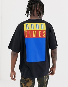 Свободная длинная футболка с принтом good times на спине и полосами на вороте ASOS DESIGN - Черный