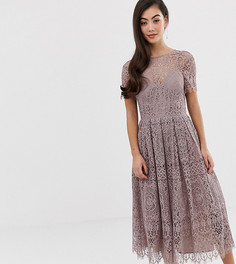 Кружевное платье миди с открытой спиной и ленточной завязкой ASOS DESIGN Petite - Бежевый