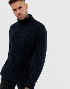 Темно-синий джемпер вязки в косичку с отворачивающимся воротником Pull&Bear - Темно-синий