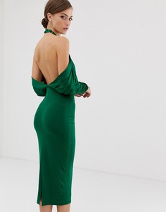 Платье миди с открытой спиной и пышными рукавами на манжете ASOS DESIGN - Зеленый