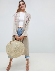 Кимоно макси с цветочной вышивкой QED London - Светло-бежевый