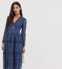 Кружевное платье для выпускного с длинными рукавами и вырезами ASOS DESIGN - Синий