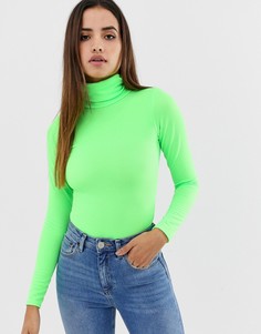 Неоново-зеленое боди с длинными рукавами и отворачивающимся воротником PrettyLittleThing - Зеленый