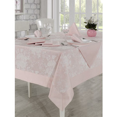 Скатерть Karna жаккард с кантом салфетками Mirabel 160x300 пудра (2777/CHAR005)
