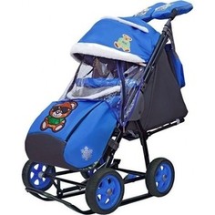 Санки коляска GALAXY SNOW City-2 Зелёный Мишка на синем на больших колёсах Ева+сумка+варежки