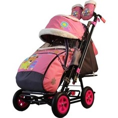 Санки-коляска GALAXY SNOW GALAXY City-2-1 Мишка со звездой на розовом на больших надувных колёсах (7089)