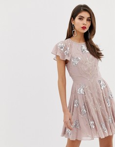 Короткое приталенное платье с оборками на рукавах ASOS DESIGN - Розовый