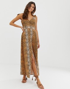 Платье макси из ткани с добавлением льна, леопардовым принтом и завязками ASOS DESIGN - Мульти