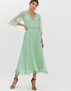 Плиссированное платье миди с кружевными вставками ASOS DESIGN - Зеленый