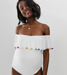 Белый слитный купальник с открытыми плечами и оборкой с помпонами ASOS DESIGN Maternity - Белый