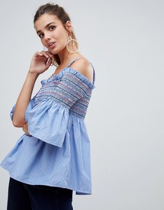 Топ с широким вырезом и сборками Brave Soul - Синий