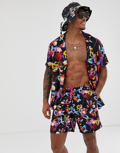 Шорты для плавания средней длины с ярким цветочным принтом ASOS DESIGN - Черный