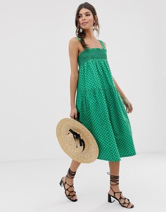 Хлопковый сарафан-трапеция миди в горошек со сборками ASOS DESIGN - Мульти