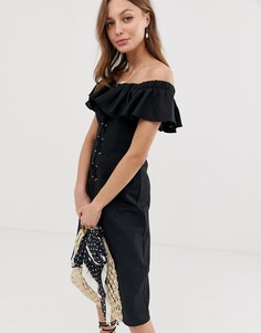 Платье миди со шнуровкой из ткани на основе льна ASOS DESIGN - Черный