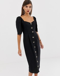 Льняное платье миди на пуговицах с вырезом сердечком ASOS DESIGN - Черный