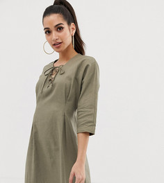 Льняное платье мини на шнуровке ASOS DESIGN Petite - Зеленый