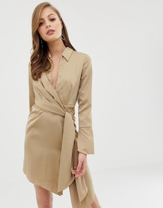 Атласное платье-рубашка мини с завязкой на талии ASOS DESIGN - Бежевый