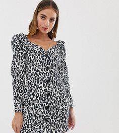 Платье мини на пуговицах с длинными рукавами и звериным принтом ASOS DESIGN Petite - Мульти