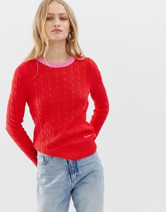 Вязаный джемпер с контрастной отделкой и узором косы Calvin Klein - Красный