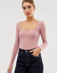 Розовое боди в рубчик с квадратным воротом Stradivarius - Розовый
