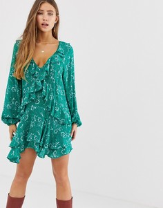 Платье с цветочным принтом и оборкой Free People - Зеленый