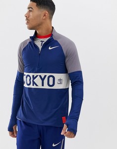 Темно-синий свитшот с короткой молнией и принтом Tokyo Nike Running - Темно-синий