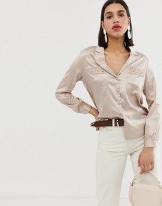 Атласная блузка в винтажном стиле с ажурной отделкой Neon Rose - Кремовый