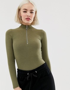 Боди цвета хаки с молнией New Look - Зеленый